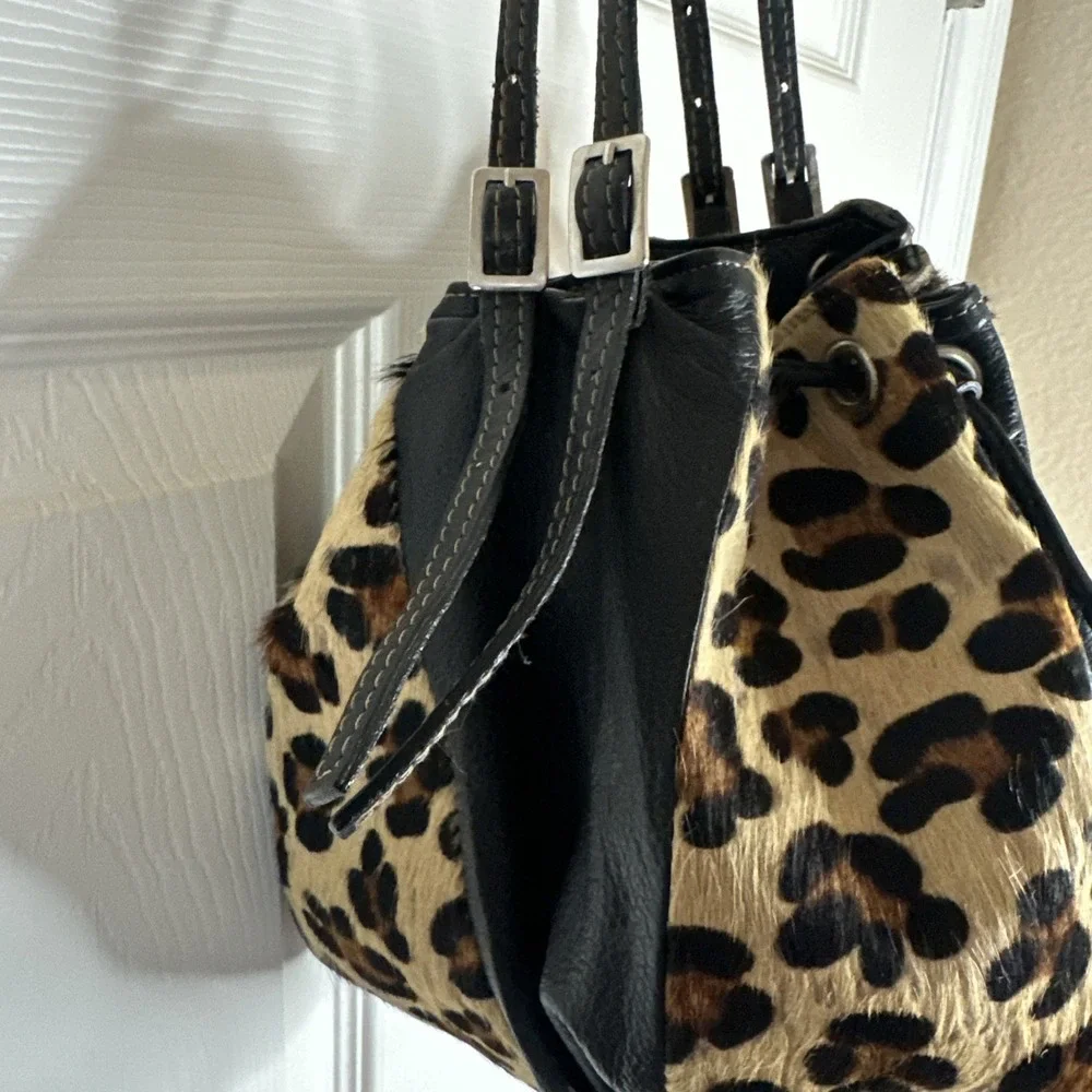 Divina Firenze Calf Hair Leopard Print Pouch Drawstring Bucket Bag Italy